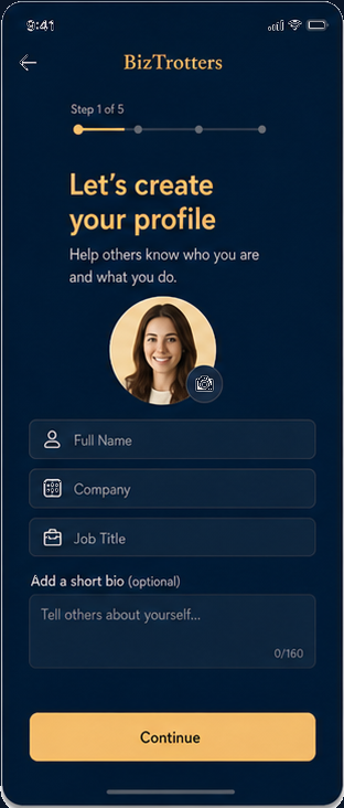 Onboarding step one: create your profile with name, company and role