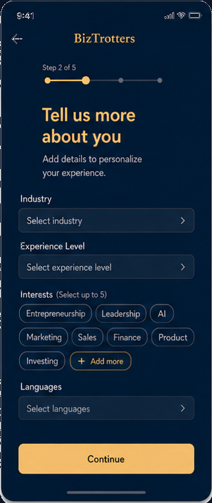 Onboarding step two: add industry, experience, interests and languages