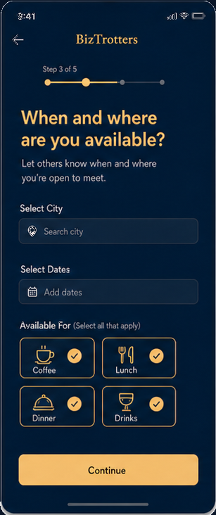 Onboarding step three: choose your city, dates and meeting formats