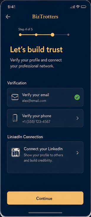 Onboarding step four: verify your email and phone and connect LinkedIn