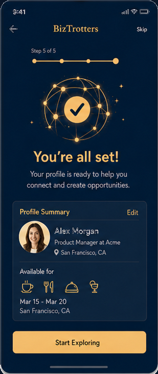 Onboarding complete: review your profile summary and start exploring